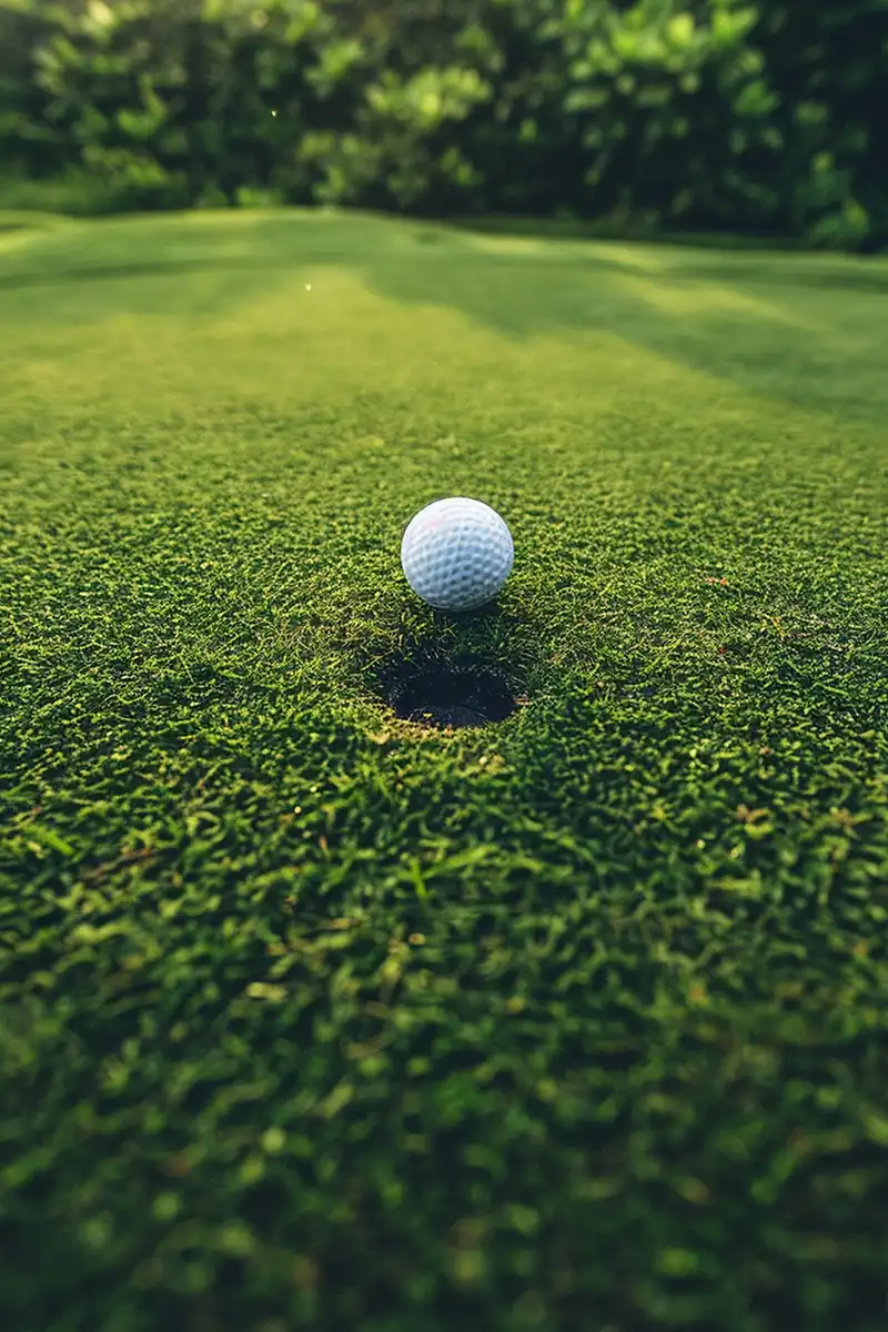 Gambar banner mobile lapangan golf yang hijau dan asri dengan bola golf, hasil penggunaan pupuk organik cair spesialis lapangan golf GDM