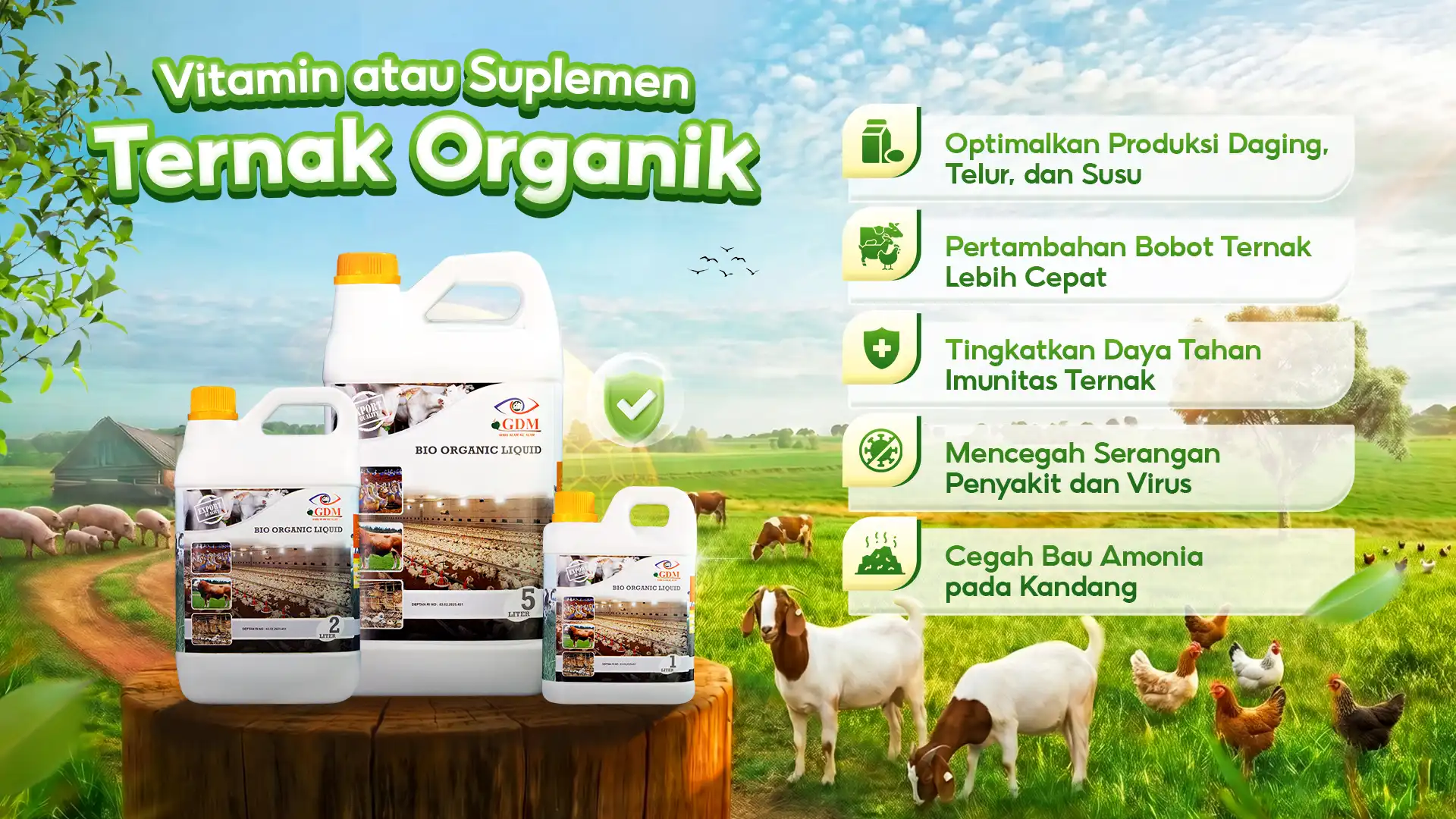 Banner Desktop Suplemen Organik Cair GDM Spesialis Peternakan - Produksi Daging, Susu, & Telur Lebih Tinggi